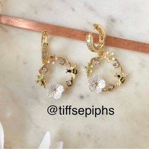 Gold Rhinestones Huggy Hoop Bee Floral Dangly Earrings NWT